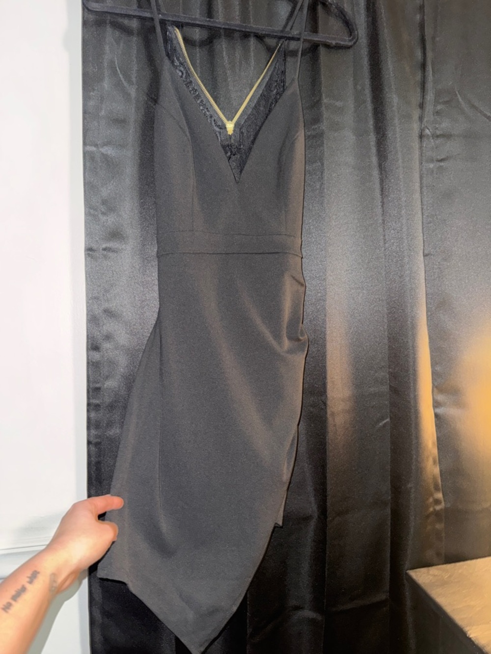Emerald Sundae Black Asymmetrical Slip Dress with Lace V-Neck